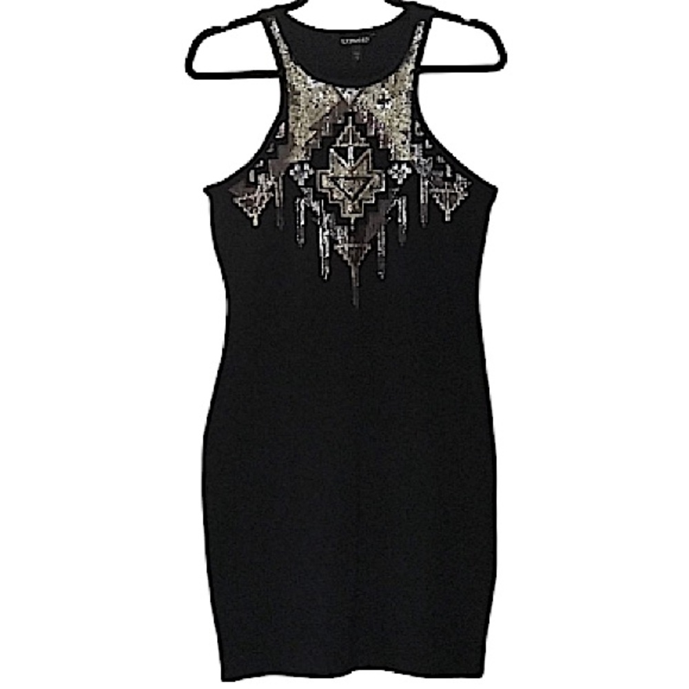 Express Aztec bodycon sequin embellished black stretchy midi dress
